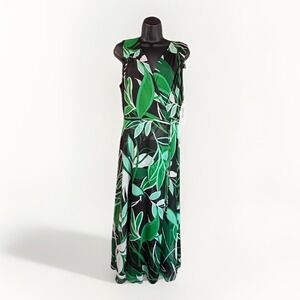 Calvin Klein Dress 10 V-Neck Black‎ Green Long Tropical Floral Chiffon Belt NWT